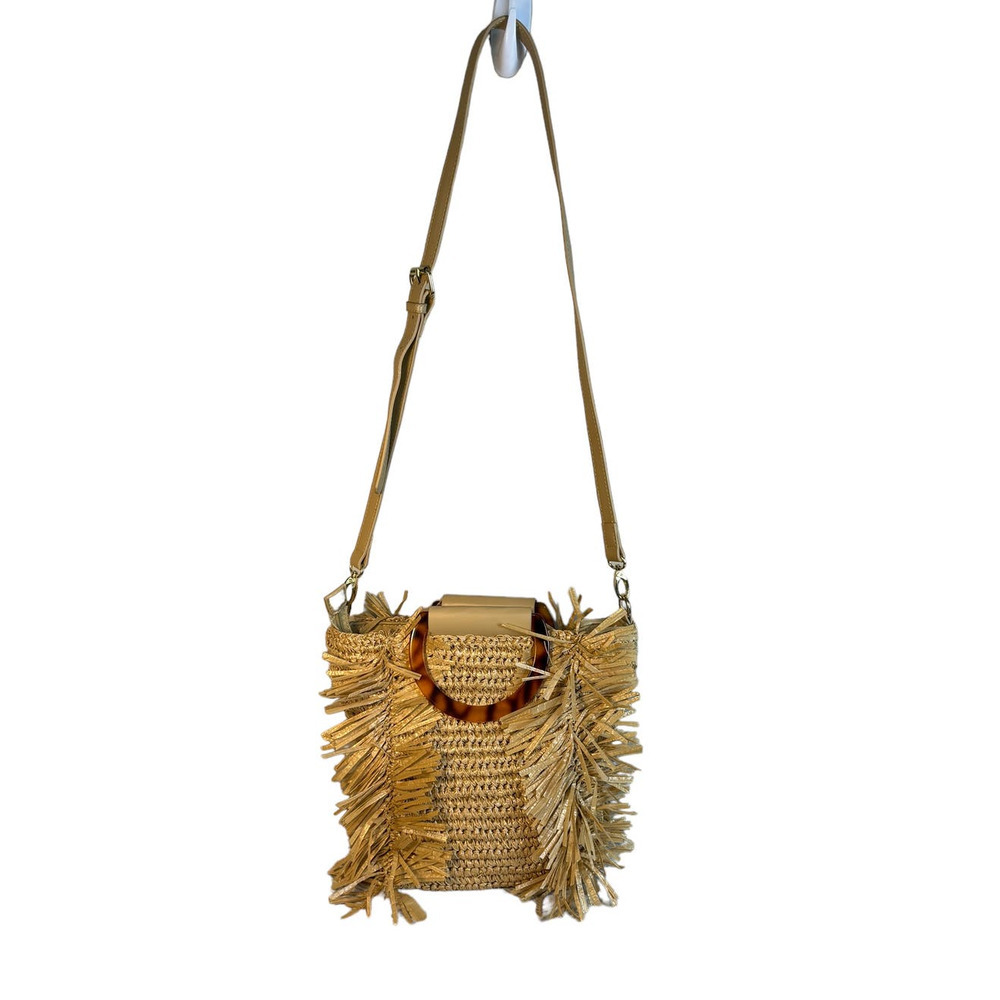 Sondra Roberts Boho Beach Fringe Squared Natural Straw Raffia Weave Bag Purse - Picture 7 of 15